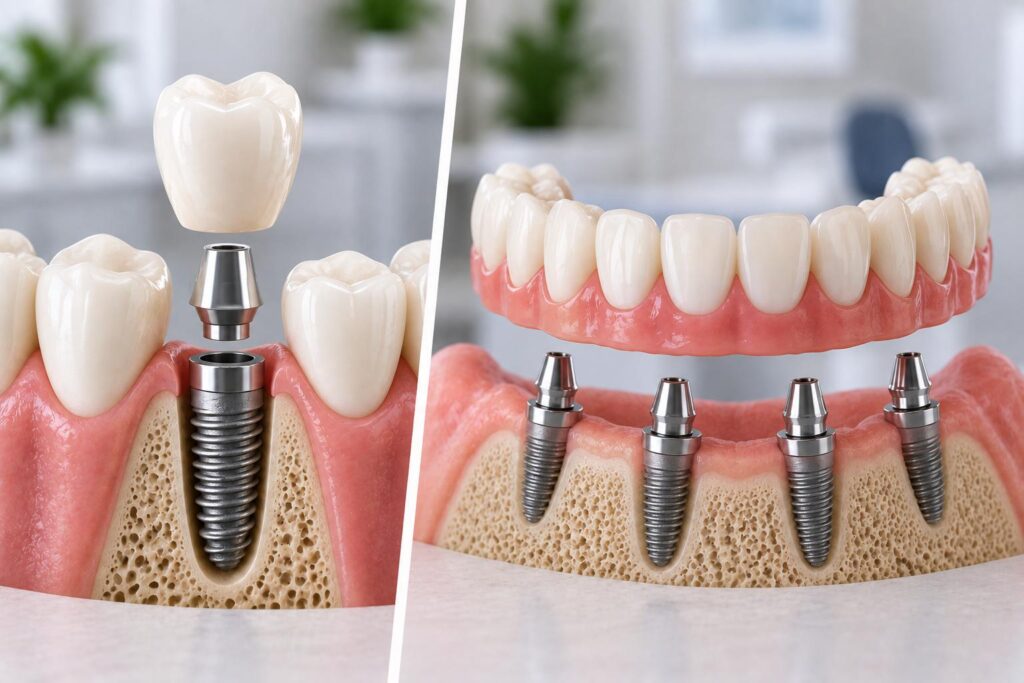 Comparação lado a lado de implante dentário unitário e prótese protocolo em osso modelo na Art Oral Odontologia Vila Carrão SP.